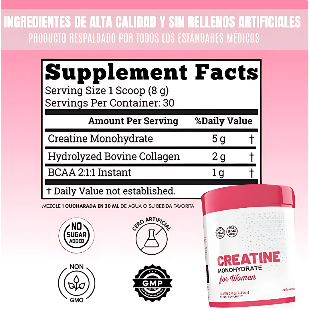MONOHIDRATO DE CREATINA PARA MUJERES CON COLÁGENO – Energía y belleza en un solo suplemento